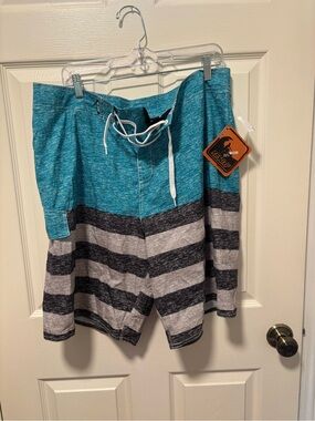 Men's Teal and Gray Striped Swim Trunks Size 38